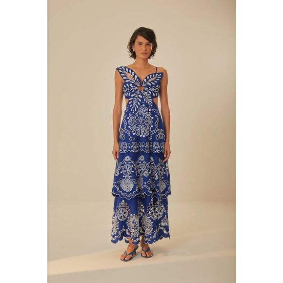 Farm Rio Blue Flower Richelieu Euroflax Premium Linen Midi Dress - XS